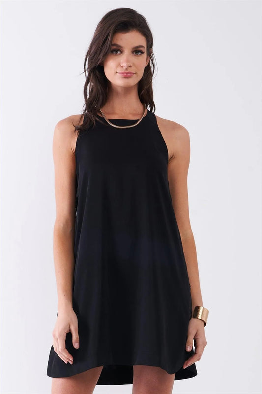 Black Sleeveless Crew Neck Side Snap Button Down Racerback Mini Tent Dress /1-2-1-1 - Tasha Apparel Wholesale