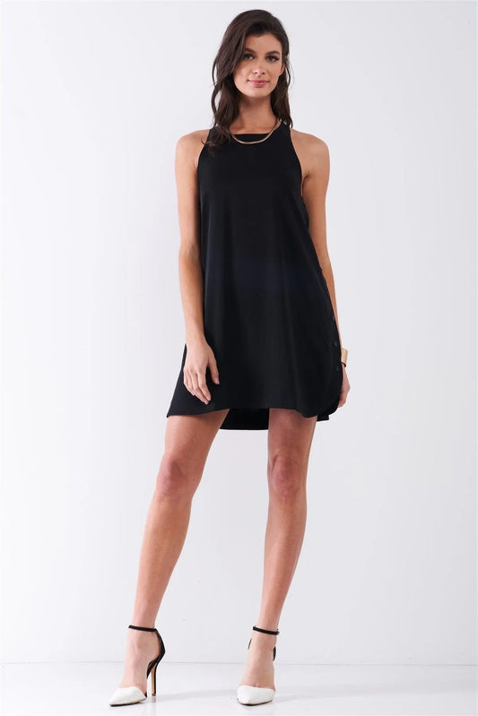 Black Sleeveless Crew Neck Side Snap Button Down Racerback Mini Tent Dress /1-2-2-1 - Tasha Apparel Wholesale