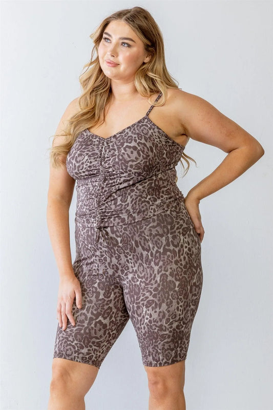 Plus Size Leopard Print Sleeveless Ruched Top & High Waist Shorts Set - Tasha Apparel Wholesale