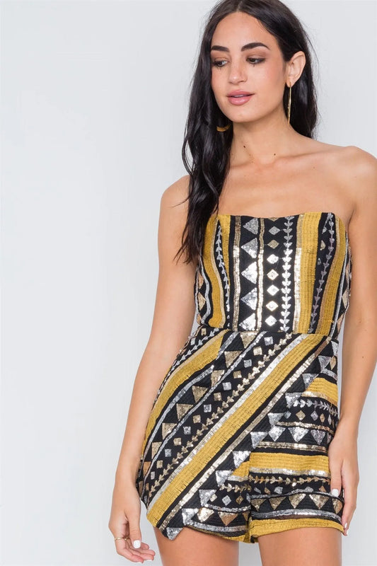 Black Sequin Embroidery Strapless Evening Romper /1-2-1 - Tasha Apparel Wholesale