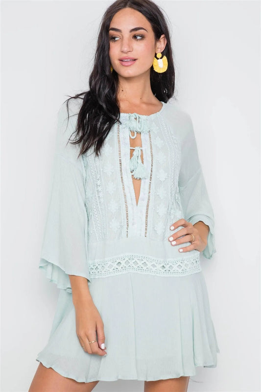 Mint Bell Sleeve Crochet Trim Mini Boho Dress /1-3-2-1 - Tasha Apparel Wholesale