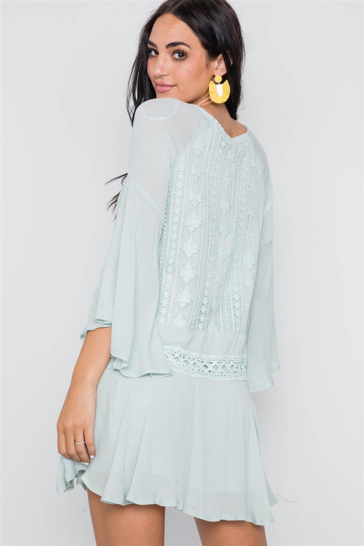 Mint Bell Sleeve Crochet Trim Mini Boho Dress /1-3-2-1