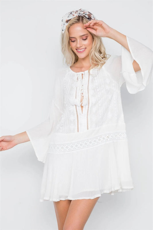 White Bell Sleeve Crochet Trim Mini Boho Dress /1-3-2-1 - Tasha Apparel Wholesale