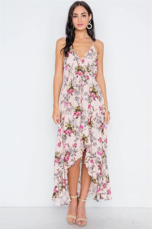 Nude Floral Print High-Low Maxi Dress /1-3-2-1 - Tasha Apparel Wholesale