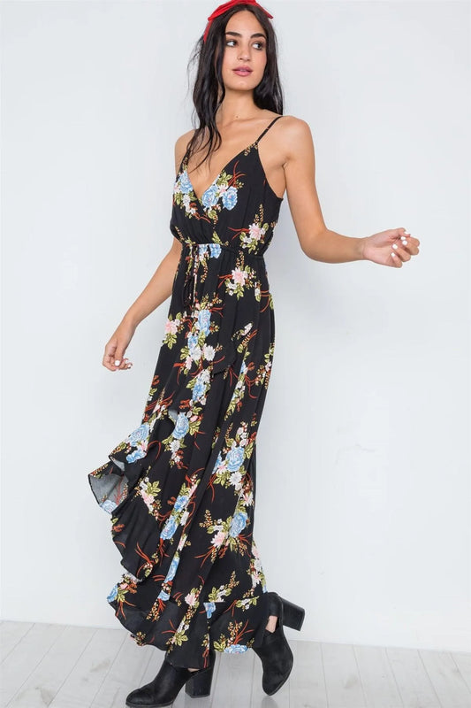 Black Floral Print High-Low Maxi Dress /1-2-2-1 - Tasha Apparel Wholesale