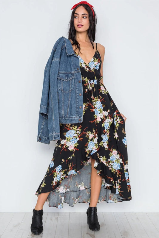 Black Floral Print High-Low Maxi Dress /1-3-2-1 - Tasha Apparel Wholesale