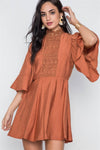Rust Bell Sleeve Crochet Mock-Neck Mini Dress /3-2-1