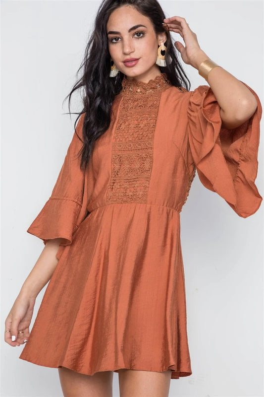 Rust Bell Sleeve Crochet Mock-Neck Mini Dress /3-2-1 - Tasha Apparel Wholesale