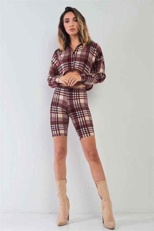 Burgundy Multi Plaid Print Long Sleeve High Zip Neck Cropped Top & High-Waisted Bicker Shorts Two Piece Set /2-2-2 - Tasha Apparel Wholesale