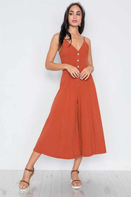 Coral Ribbed Cami Straps Wide Leg Boho Jumpsuit /3-2-1 - Tasha Apparel Wholesale