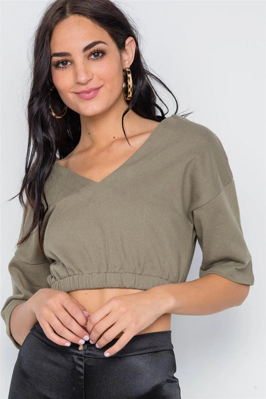 Olive 3/4 Sleeve V-Neck Knit Crop Top - Tasha Apparel Wholesale