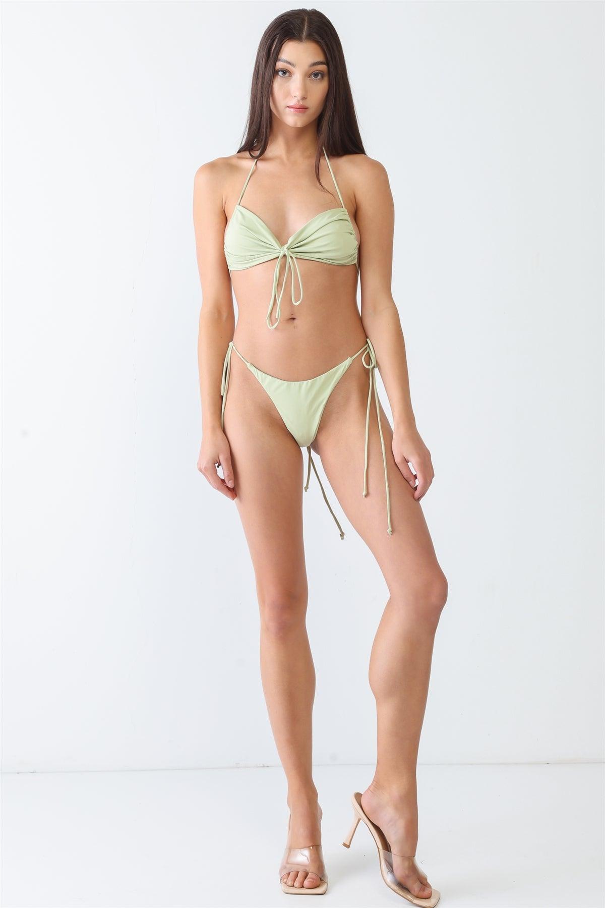 Sage Halter Inverted Triangle Top & Self-Tie Bottom Bikini Set Swimsuit /3-2-1