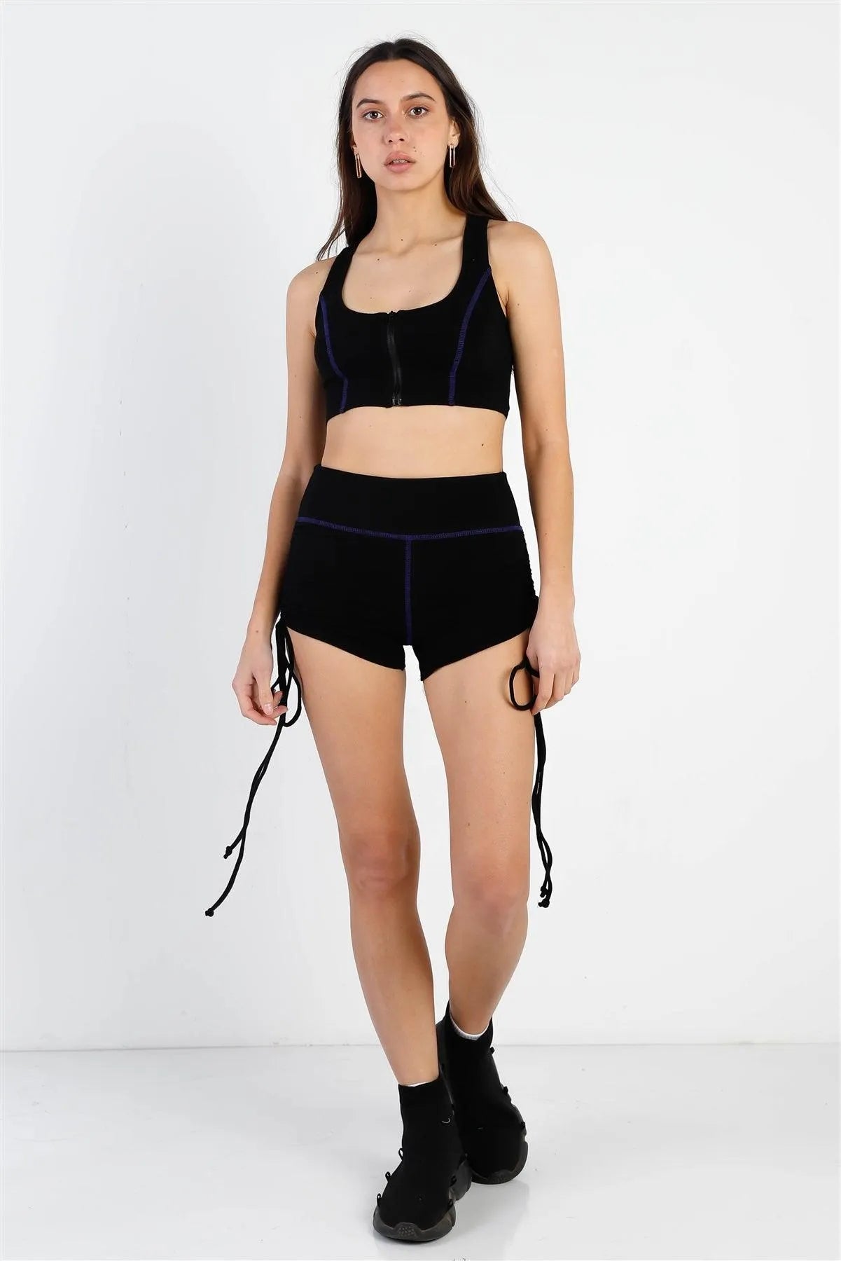 Black Contrast Stitch Zip-Up Racer Back Crop Top & Ruched Details Short Set /2-2-1 - Tasha Apparel Wholesale