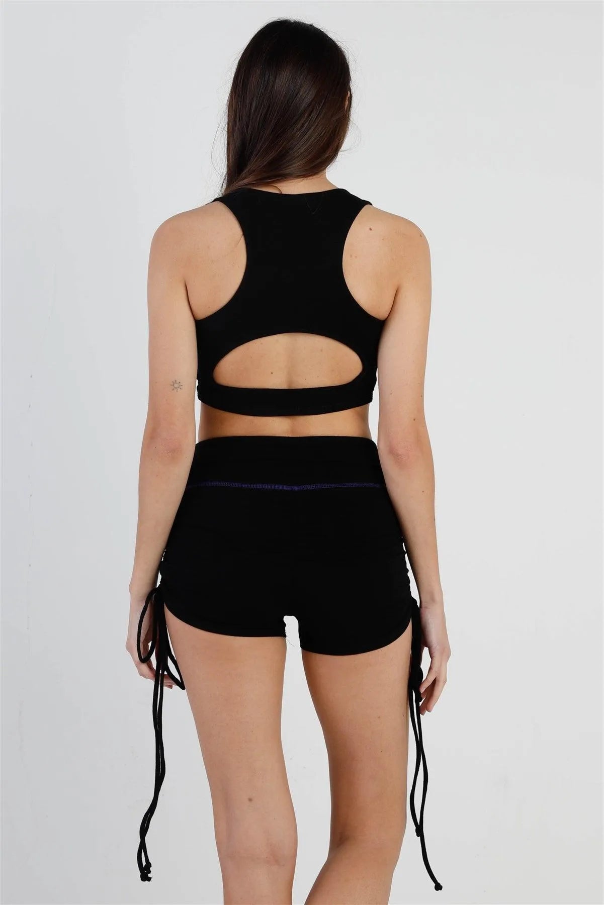 Black Contrast Stitch Zip-Up Racer Back Crop Top & Ruched Details Short Set /2-2-1 - Tasha Apparel Wholesale