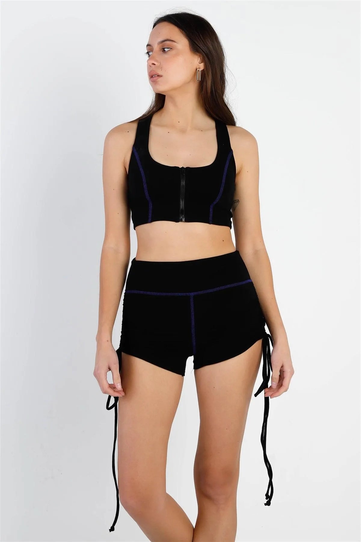 Black Contrast Stitch Zip-Up Racer Back Crop Top & Ruched Details Short Set /2-2-1 - Tasha Apparel Wholesale