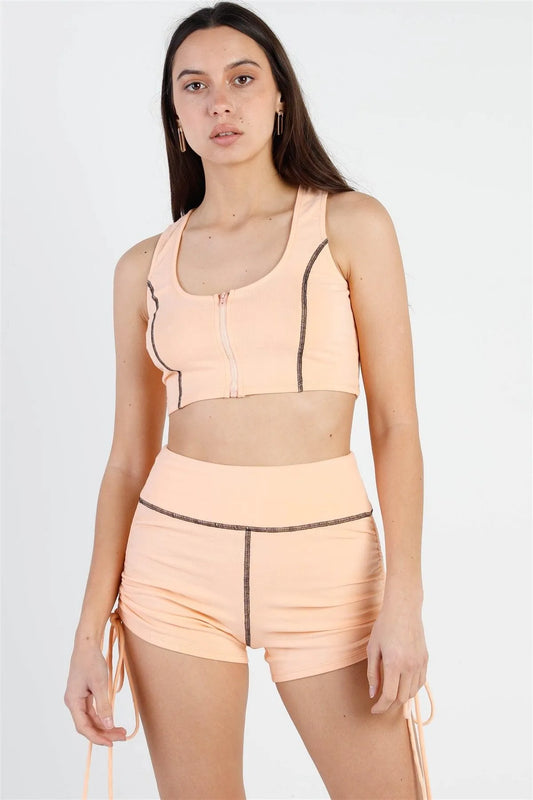 Orange Contrast Stitch Zip-Up Racer Back Crop Top & Ruched Details Short Set /3-2-1 - Tasha Apparel Wholesale