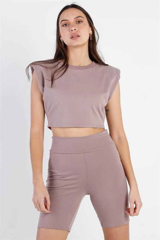 Dark Mauve Padded Shoulder Crop Top & Biker Short Set /2-2-2 - Tasha Apparel Wholesale