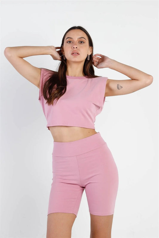 Pink Padded Shoulder Crop Top & Biker Short Set /2-2-2 - Tasha Apparel Wholesale