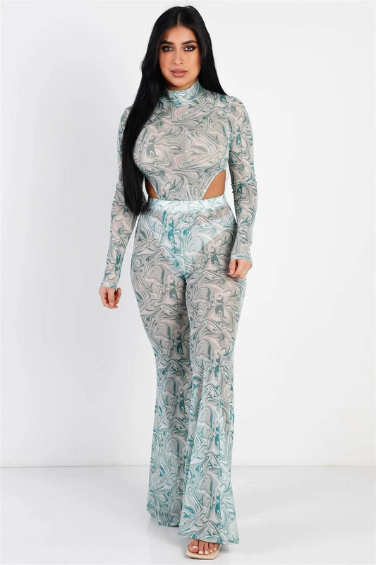 Swirl Mesh Mock Neck Bodysuit & Flare Pant Set /1-2 - Tasha Apparel Wholesale