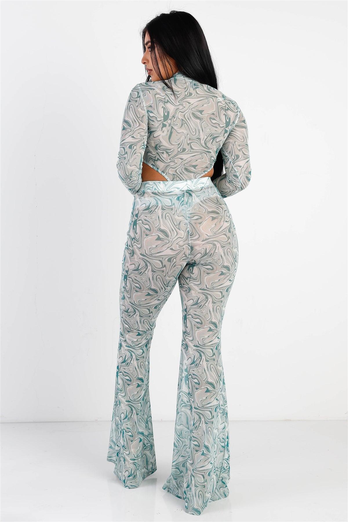 Green Multi Color Swirl Mesh Mock Neck High Cut Bodysuit & Flare Pant Set /1-2