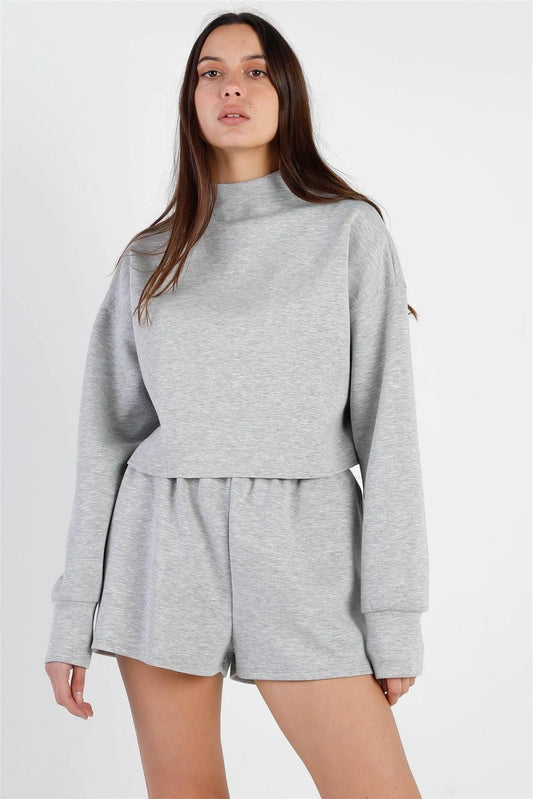Heather Grey Mock Neck Crop Sweatshirt & High Waist Short Set /2-2-2 - Tasha Apparel Wholesale