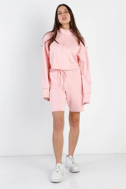 Peach Zip-Up Mock Neck Crop Sweatshirt & Boyfriend Short Set /1-2-2 - Tasha Apparel Wholesale
