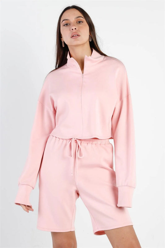 Peach Zip-Up Mock Neck Crop Sweatshirt & Boyfriend Short Set /2-2-2 - Tasha Apparel Wholesale
