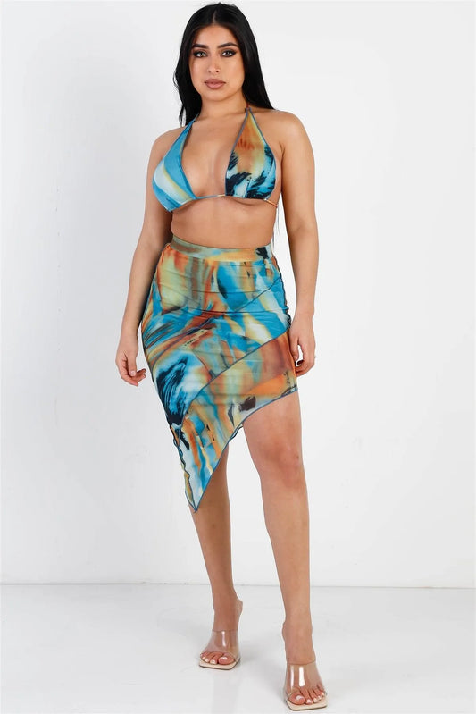 Teal Multi Color Print Mesh Triangle Top & Reverse Stitch Asymmetric Midi Skirt Set /3-2-1 - Tasha Apparel Wholesale