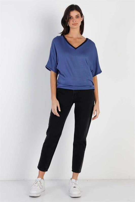 Denim Blue Contrast V-Neck Short Sleeve Top /2-2-2 - Tasha Apparel Wholesale