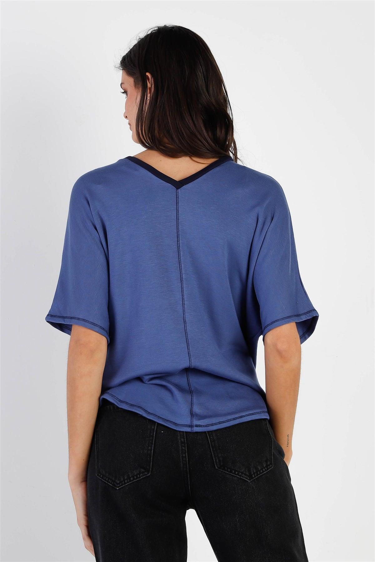 Denim Blue Contrast V-Neck Short Sleeve Top /2-2-2