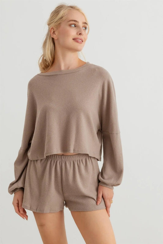 Waffle Knit Long Sleeve Crop Top & High Waist Shorts Set - Tasha Apparel Wholesale