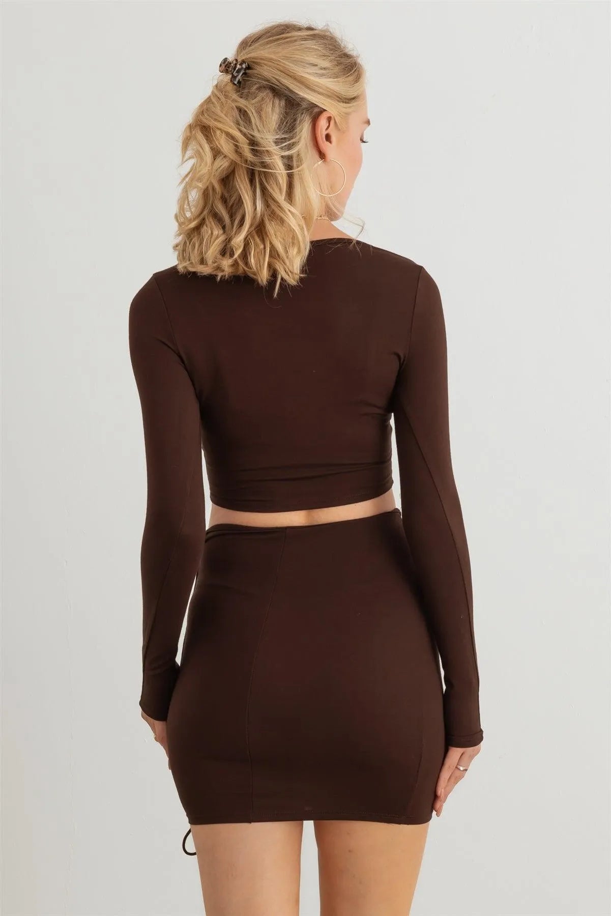 Long Sleeve Crop Top & Side Tie Mini Skirt Set - Tasha Apparel Wholesale
