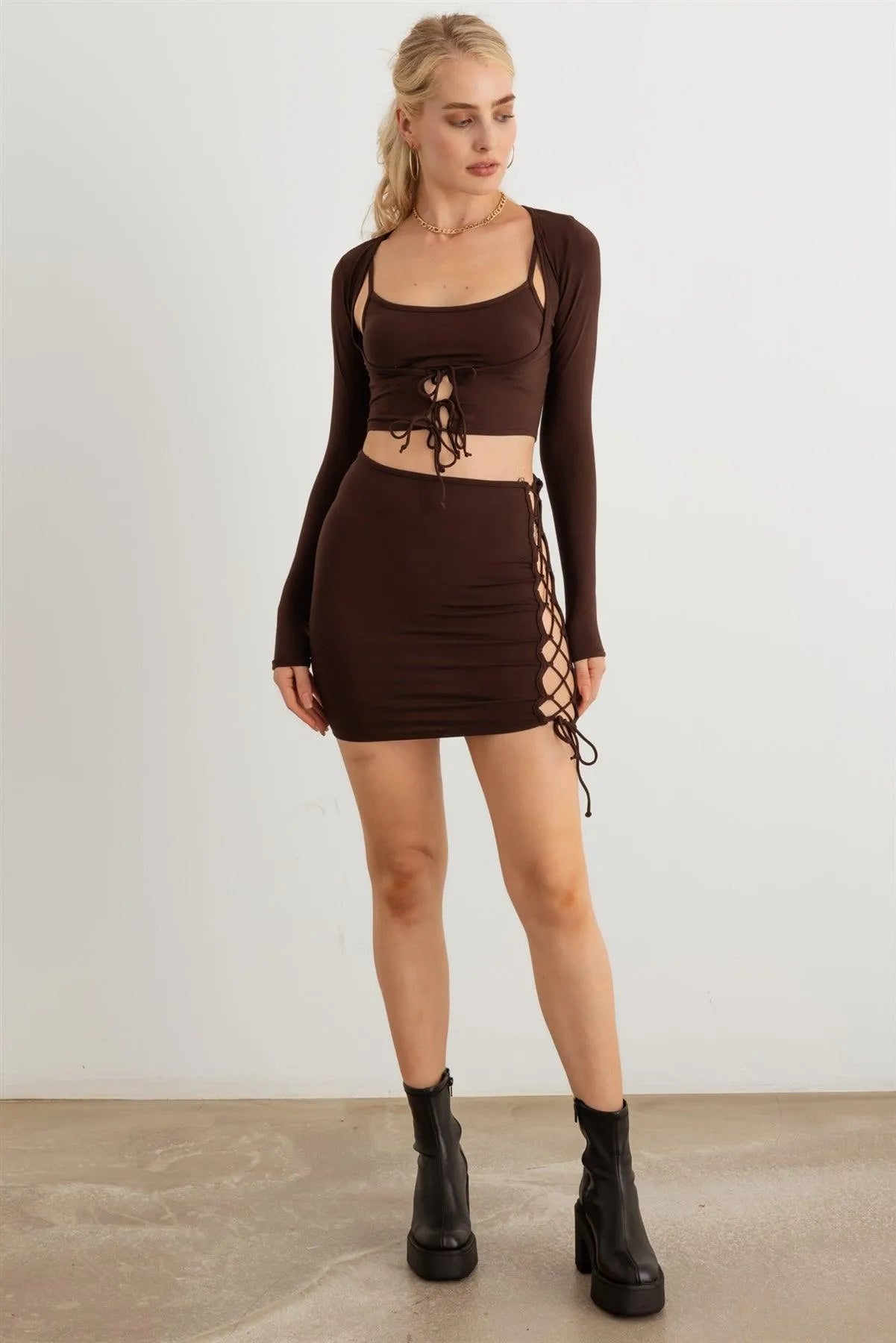 Long Sleeve Crop Top & Side Tie Mini Skirt Set - Tasha Apparel Wholesale