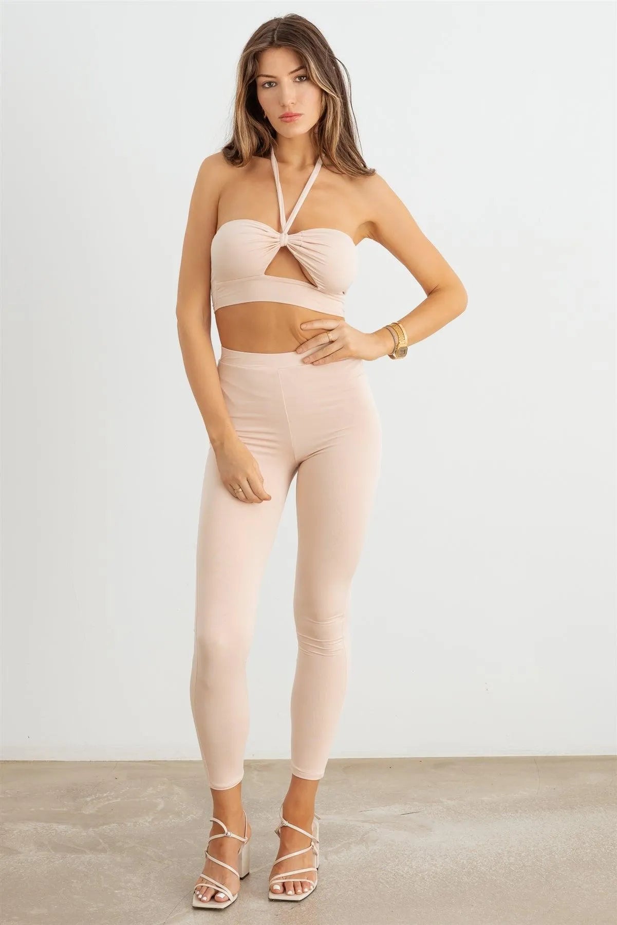 Cut-Out Halter Neck Crop Top & High Waist Stretchy Set - Tasha Apparel Wholesale