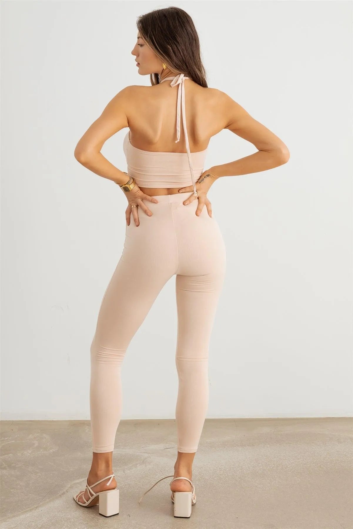 Cut-Out Halter Neck Crop Top & High Waist Stretchy Set - Tasha Apparel Wholesale
