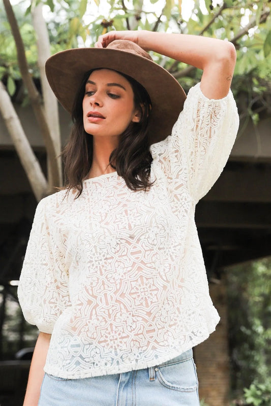 Cream Textured Mesh Ornament Print Short Balloon Sleeve Top /2-2 - Tasha Apparel Wholesale