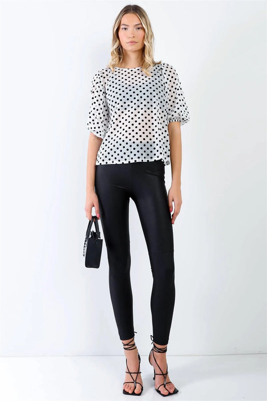 Off-White & Black Mesh Polka Dot Puff Balloon Short Sleeve Top /3-2-1 - Tasha Apparel Wholesale