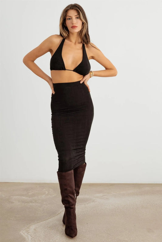 Triangle Halter Neck Top & High Waist Midi Skirt Set - Tasha Apparel Wholesale