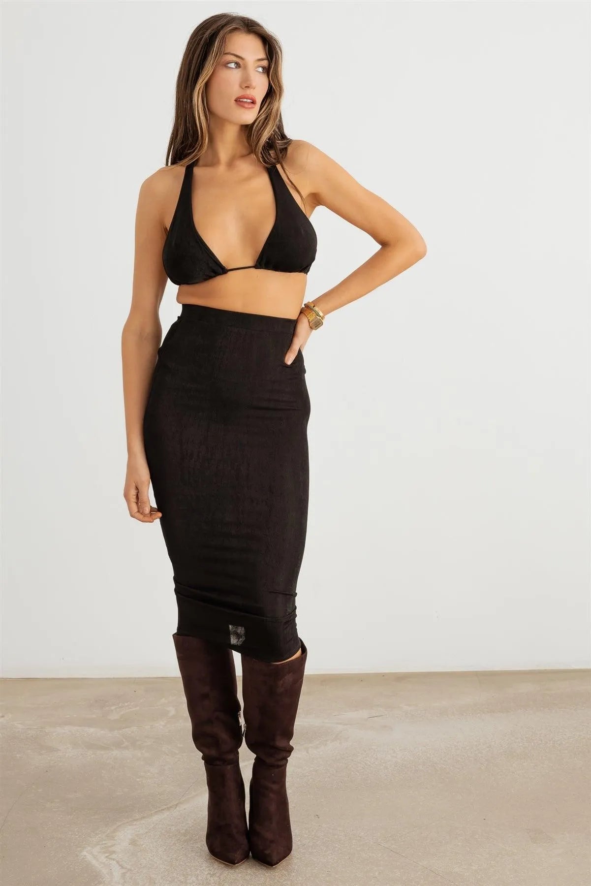 Triangle Halter Neck Top & High Waist Midi Skirt Set - Tasha Apparel Wholesale