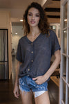 Black Knit Button Up Semi-Sheer Twisted Front Detail Top /2-1