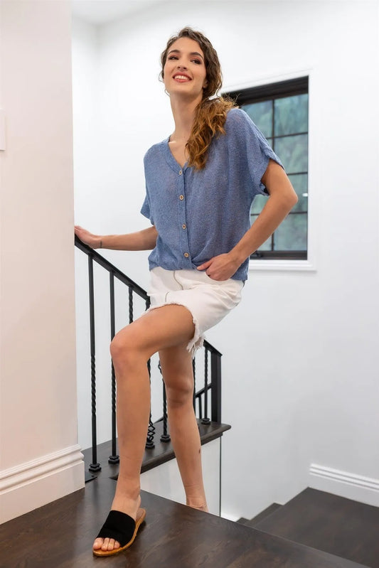 Blue Knit Button Up Semi-Sheer Twisted Front Detail Top /1-2-2 - Tasha Apparel Wholesale