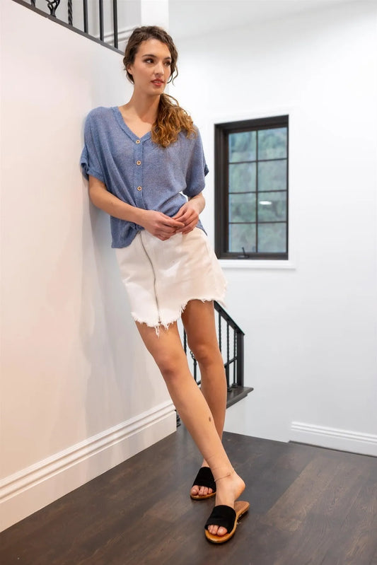 Blue Knit Button Up Semi-Sheer Twisted Front Detail Top /2-2-2 - Tasha Apparel Wholesale