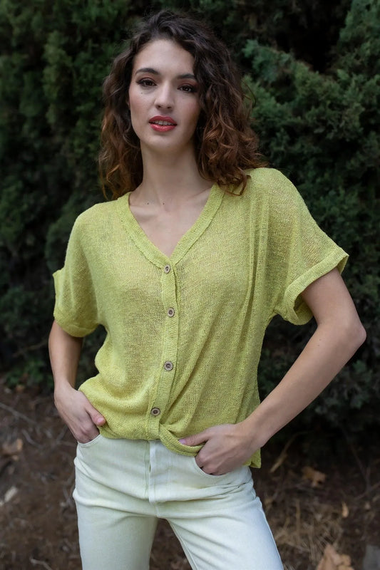 Lime Knit Button Up Semi-Sheer Twisted Front Detail Top /1-2 - Tasha Apparel Wholesale