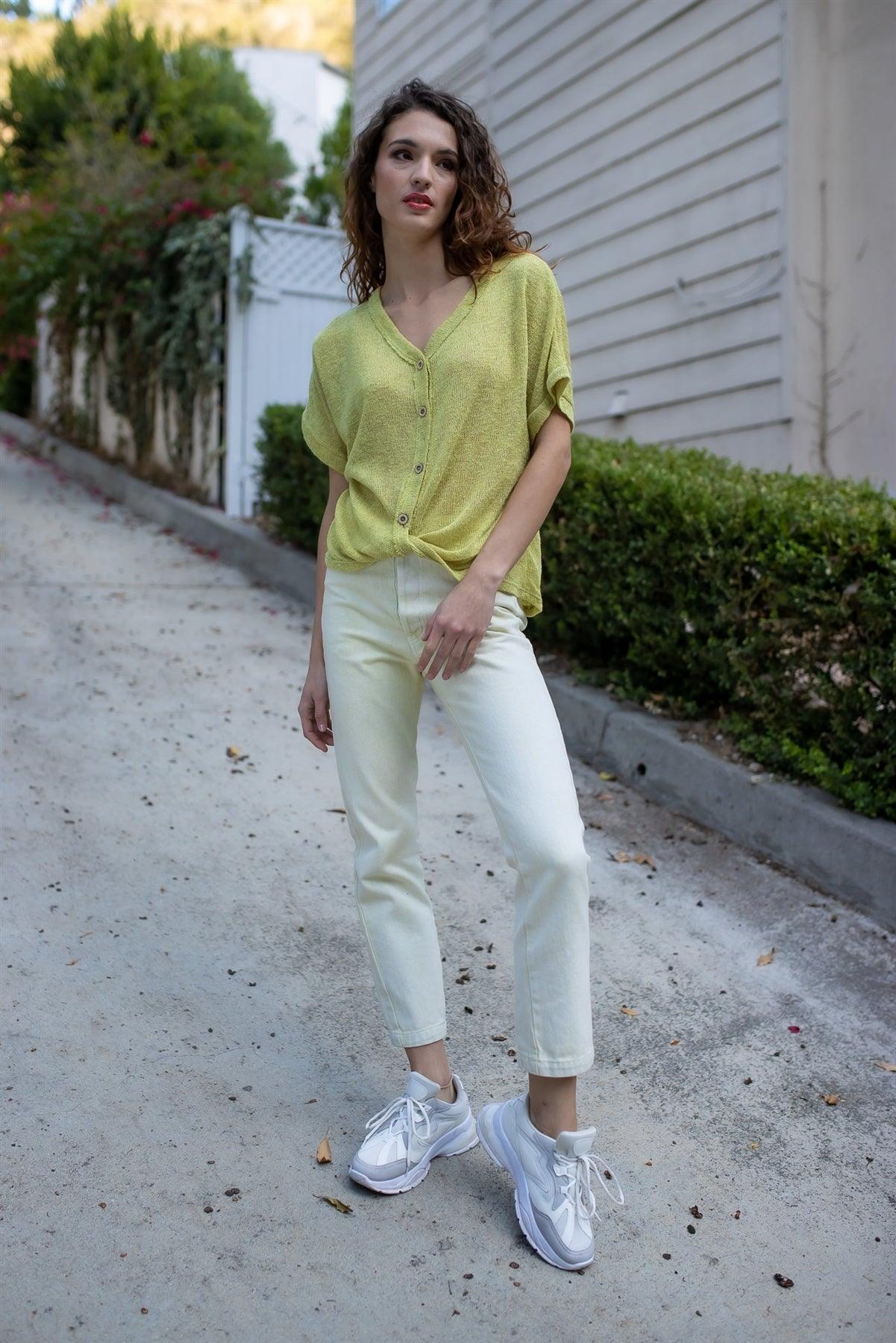 Lime Knit Button Up Semi-Sheer Twisted Front Detail Top /1-2