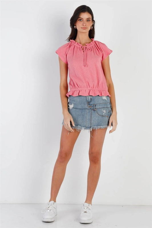 Coral Cotton Textured Self-Tie Collar Detail Ruffle Hem Top /1-2-2 - Tasha Apparel Wholesale