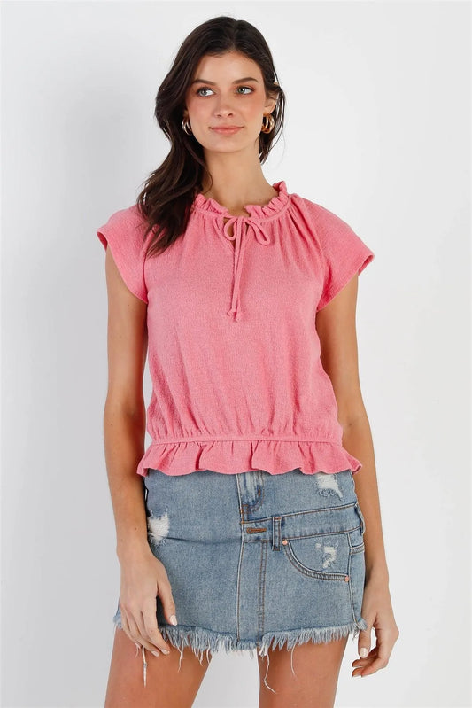 Coral Cotton Textured Self-Tie Collar Detail Ruffle Hem Top /2-2-2 - Tasha Apparel Wholesale