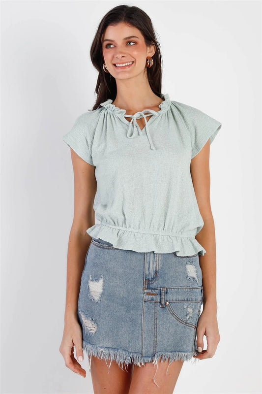 Mint Cotton Textured Self-Tie Collar Detail Ruffle Hem Top /2-2-2 - Tasha Apparel Wholesale