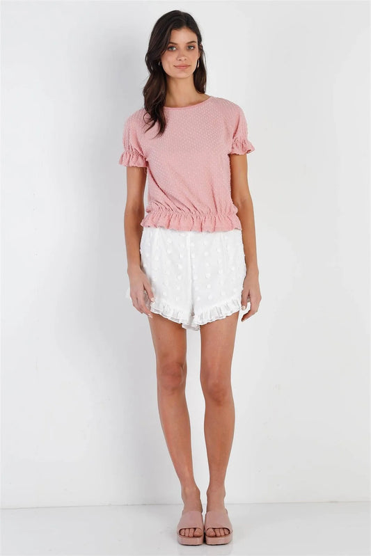 Peach Textured Polka Dot Elasticized Ruffle Trim Top /1-2-2 - Tasha Apparel Wholesale
