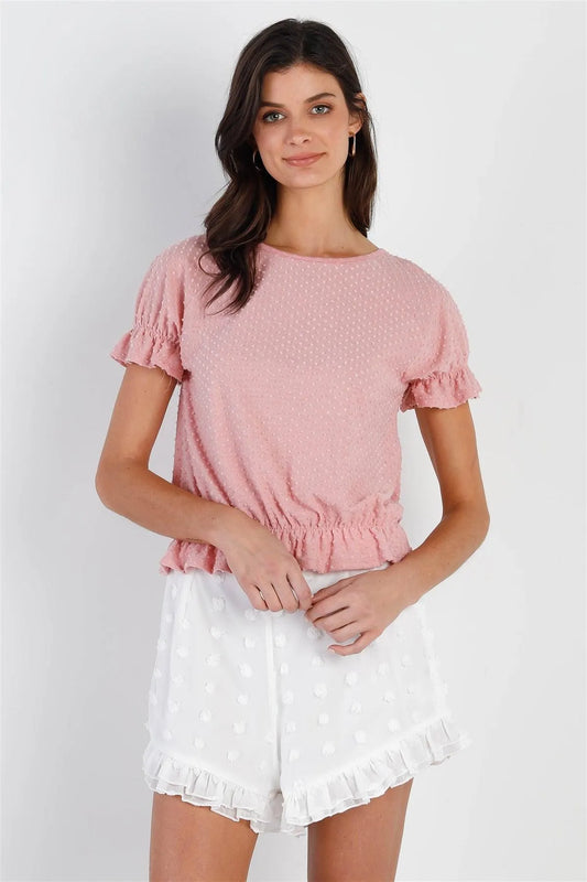 Peach Textured Polka Dot Elasticized Ruffle Trim Top /2-2-2 - Tasha Apparel Wholesale