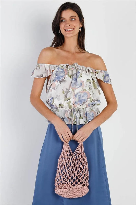 Ivory & Blue Watercolor Paint Print Ruffle Trim Waist Self-Tie Detail Top /1-2-2 - Tasha Apparel Wholesale